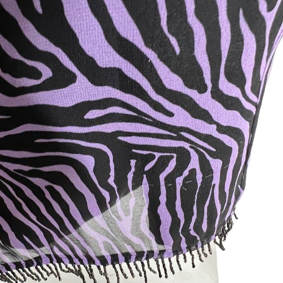 Vintage 90s Purple Black Zebra Print Beaded Fringe Tapered Knee Length Dress Sma - Picture 9 of 11